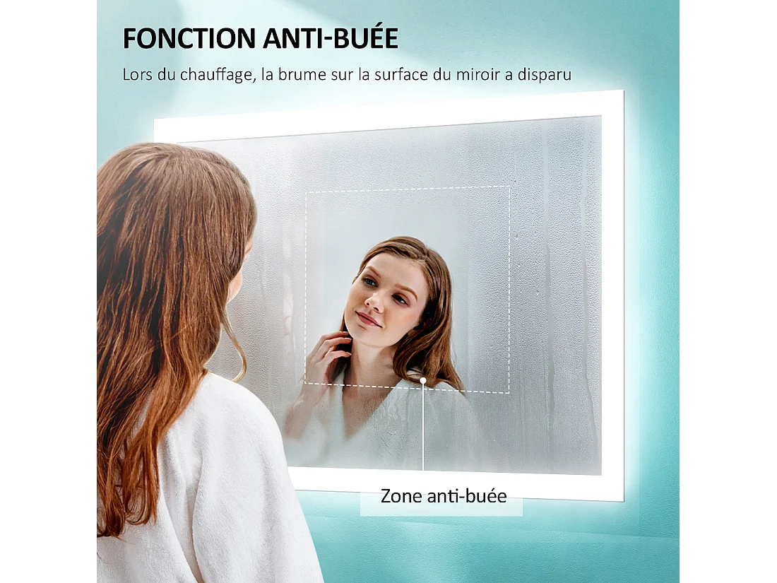 EMKE Miroir lumineux salle de bain 80x60cm, Miroir avec l'éclairage, Interrupteur Tactile, Anti-buée, Miroir LED avec 3 couleurs de Lumières
