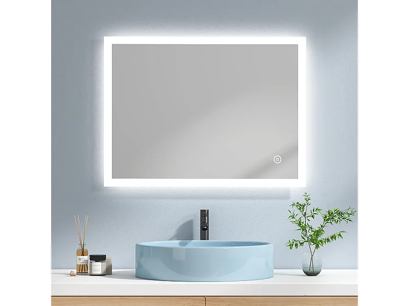 EMKE Miroir lumineux salle de bain 80x60cm, Miroir avec l'éclairage, Interrupteur Tactile, Anti-buée, Miroir LED avec 3 couleurs de Lumières