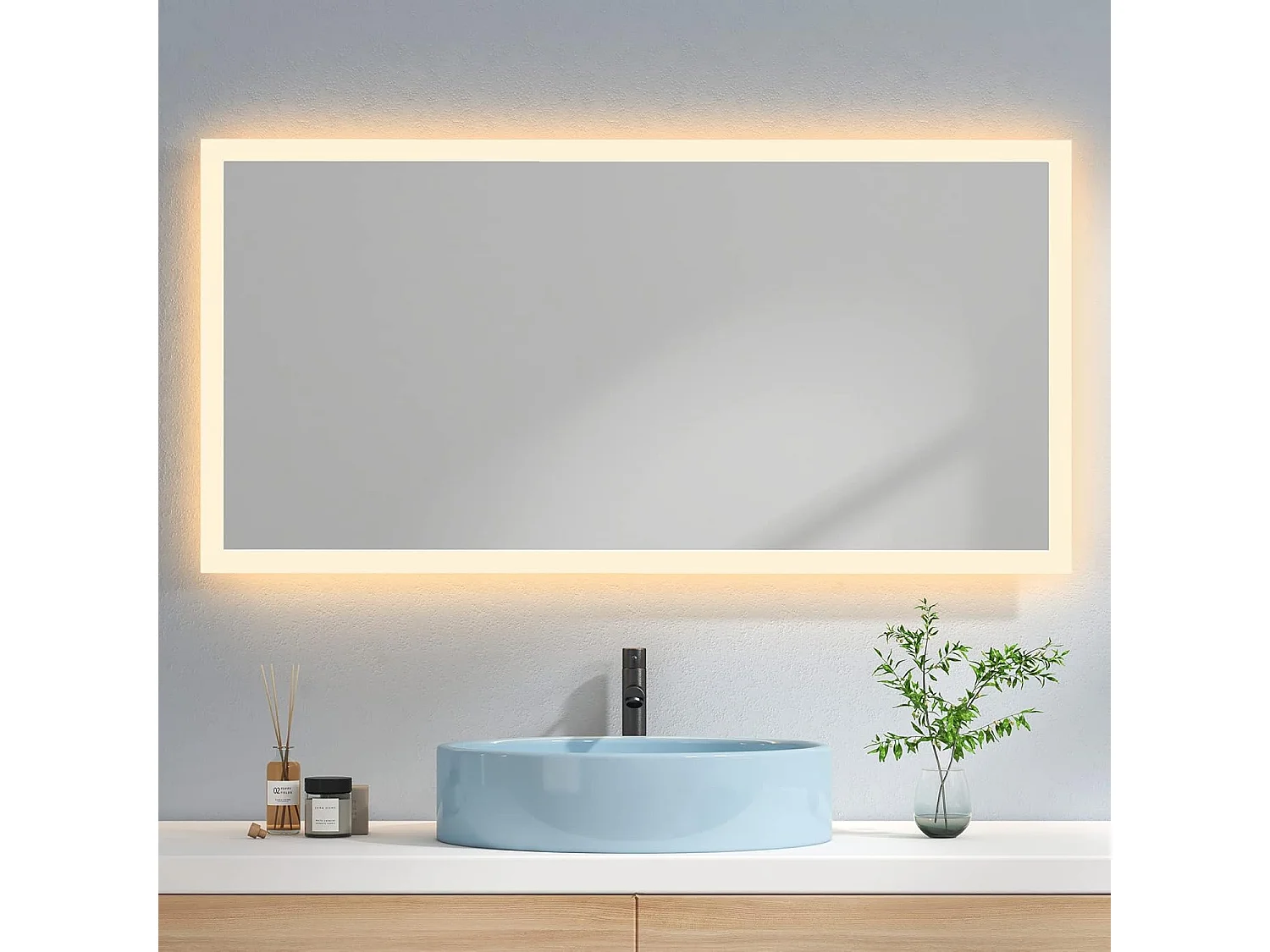 EMKE Miroir lumineux salle de bain 120x60cm, Miroir avec éclairage Miroir LED, Lumière Blanche Chaude