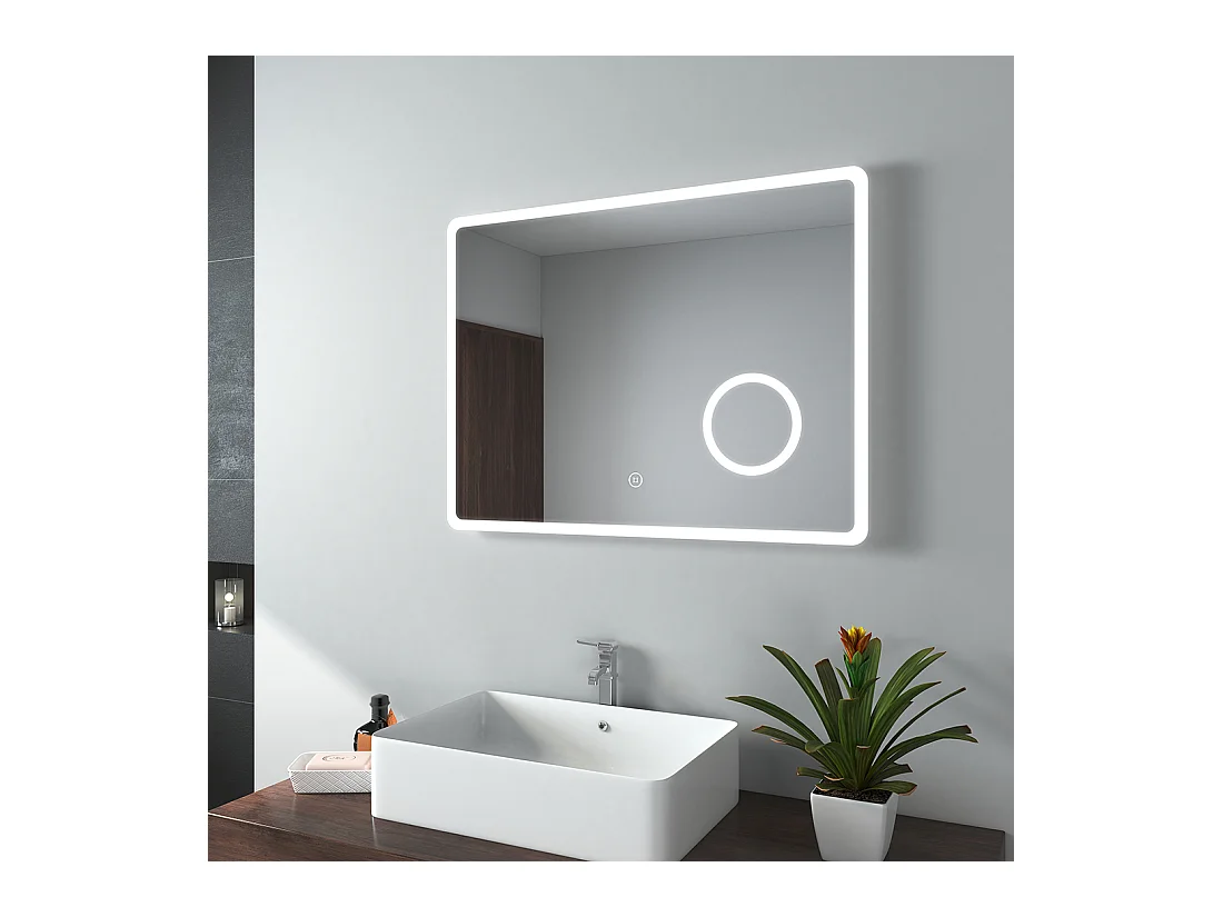 EMKE Miroir lumineux salle de bain 80x60cm, Miroir LED avec Interrupteur Tactile, 3x Grossissement, Miroir avec éclairage Lumière Blanche Froide