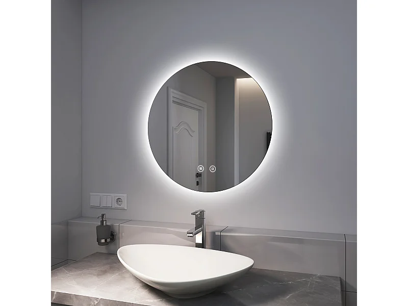 EMKE Miroir lumineux salle de bain rond diamètre 60cm, Miroir LED rétro-éclairage, Interrupteur Tactile, Anti-buée, Lumière Blanche Froide Réglable