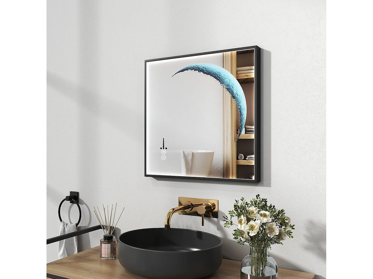 EMKE Verlicht badkamer spiegel Vierkant 60x60cm, Zwarte lijst, LED spiegel met aanraakknop, Anti-condens, Koud wit licht