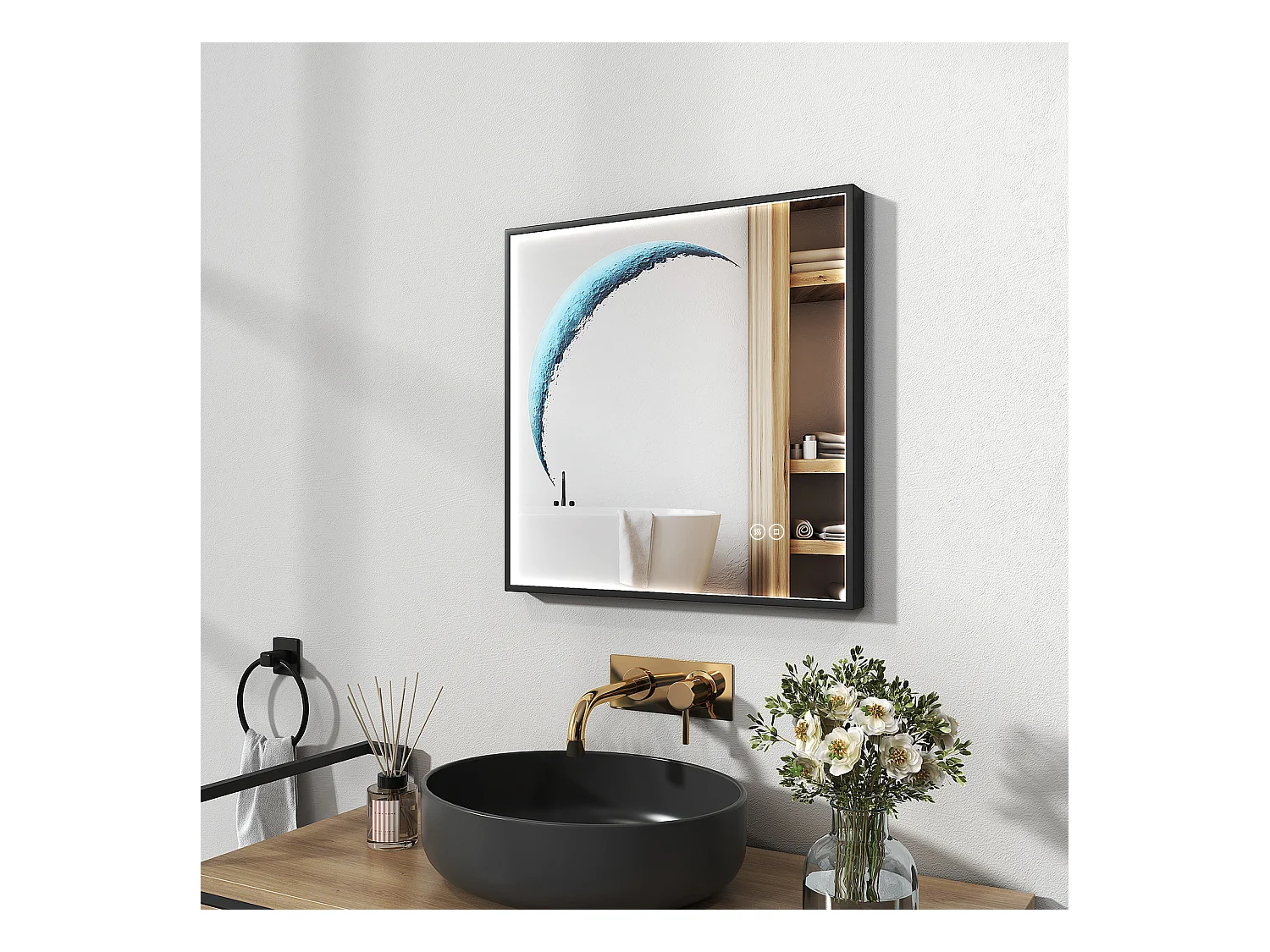 EMKE Miroir lumineux salle de bain Carré 60x60cm, Cadre noir, Miroir LED avec Interrupteur Tactile, Anti-buée, Lumière Blanche Froide