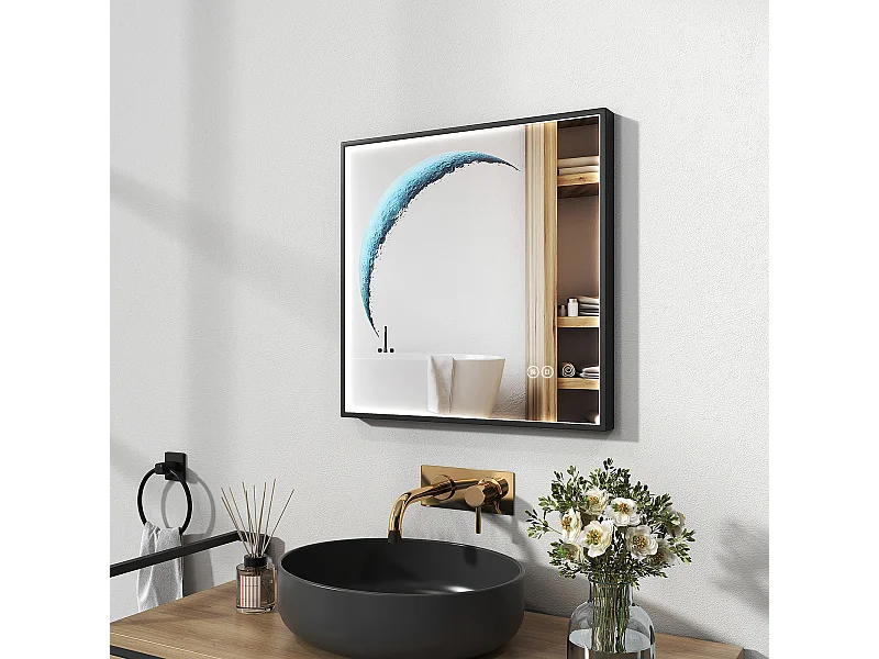 EMKE Miroir lumineux salle de bain Carré 60x60cm, Cadre noir, Miroir LED avec Interrupteur Tactile, Anti-buée, Lumière Blanche Froide