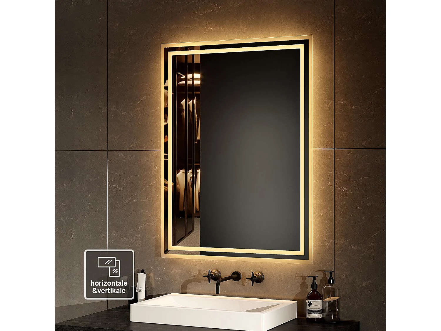 EMKE Miroir lumineux salle de bain 80x60cm, Miroir avec éclairage Miroir LED, Lumière Blanche Chaude