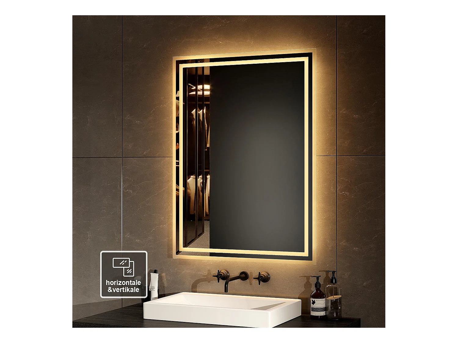 EMKE Miroir lumineux salle de bain 80x60cm, Miroir avec éclairage Miroir LED, Lumière Blanche Chaude