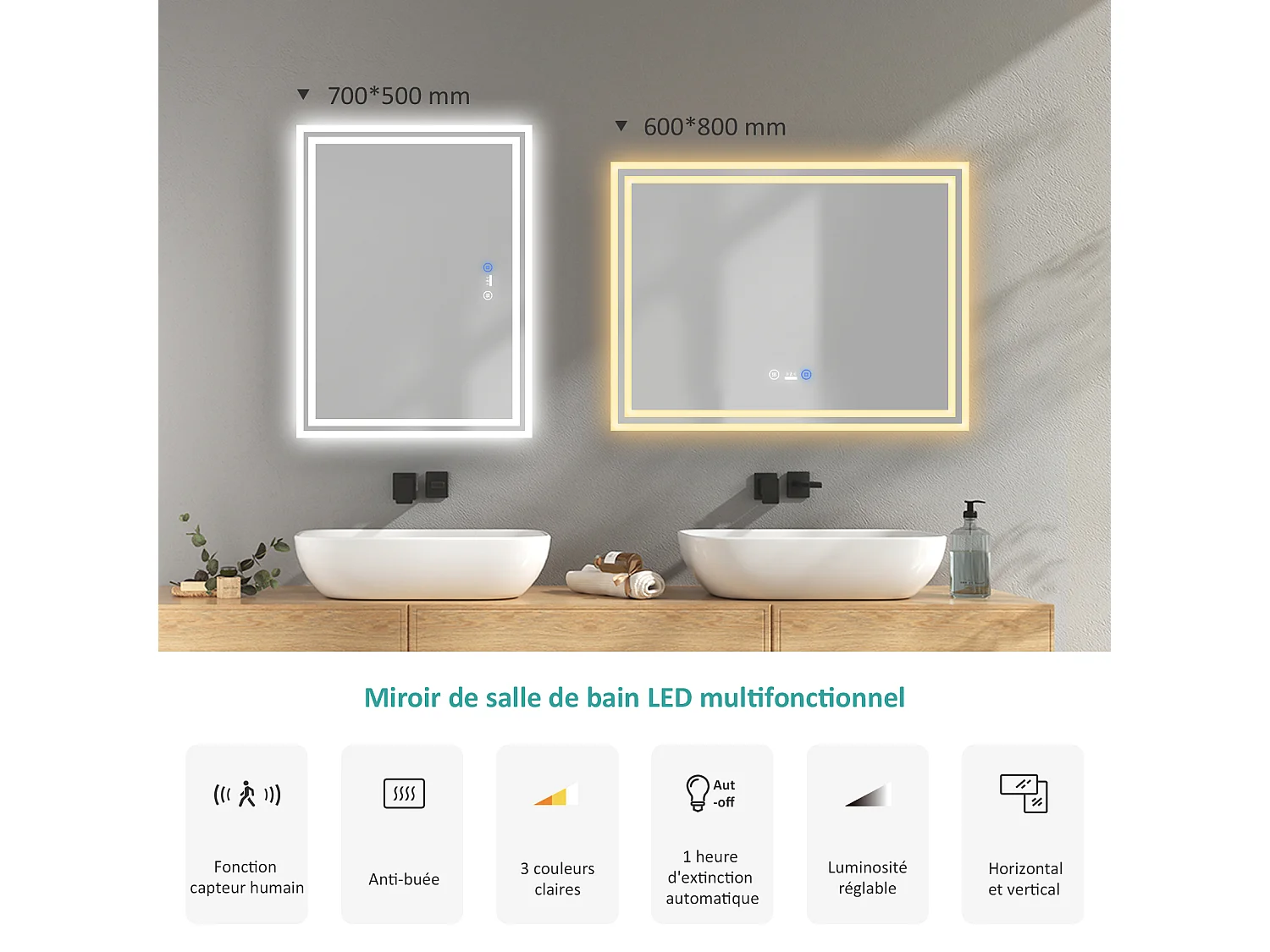 EMKE Miroir lumineux salle de bain 60x80cm avec Capteur de Mouvement, Miroir LED à capteur intelligent, Anti-buée, Lumière Froide/Chaude/Neutre