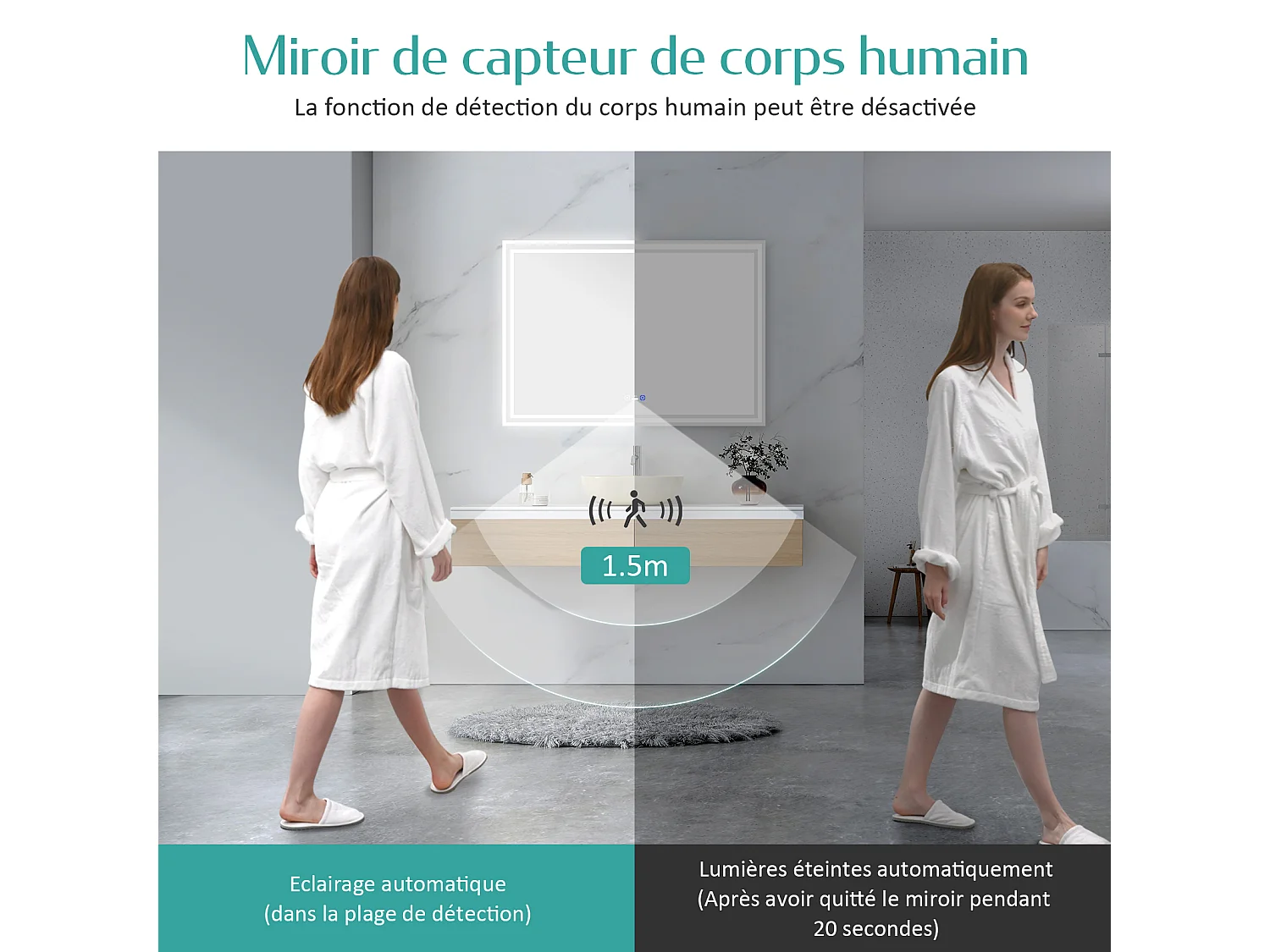 EMKE Miroir lumineux salle de bain 60x80cm avec Capteur de Mouvement, Miroir LED à capteur intelligent, Anti-buée, Lumière Froide/Chaude/Neutre