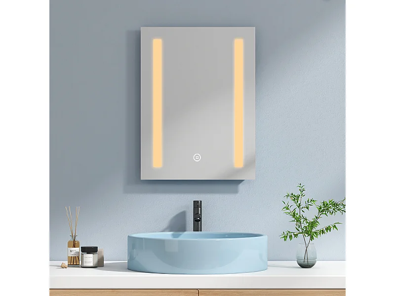 EMKE Miroir lumineux salle de bain 45x60cm, Miroir avec l'éclairage, Interrupteur Tactile, Anti-buée, Miroir LED avec Lumière Blanche Chaude