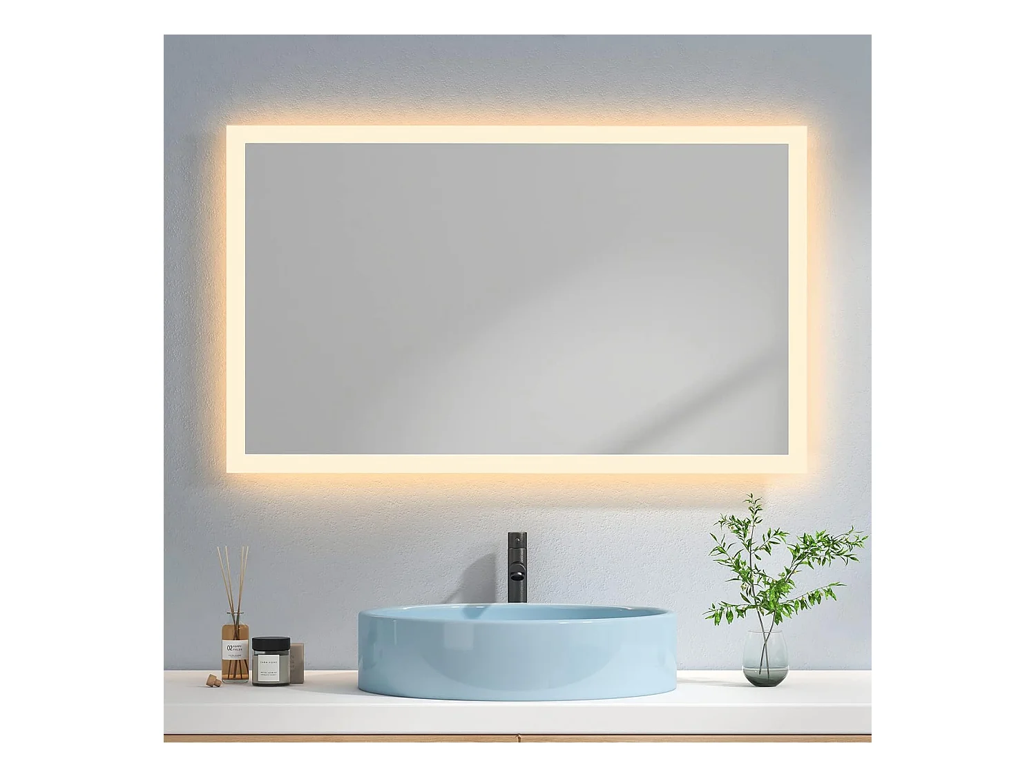 EMKE Miroir lumineux salle de bain 100x60cm, Miroir avec éclairage Miroir LED, Lumière Blanche Chaude