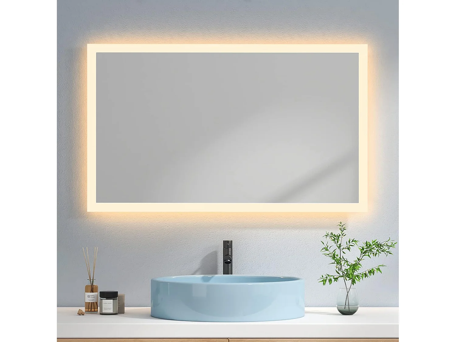 EMKE Miroir lumineux salle de bain 100x60cm, Miroir avec éclairage Miroir LED, Lumière Blanche Chaude
