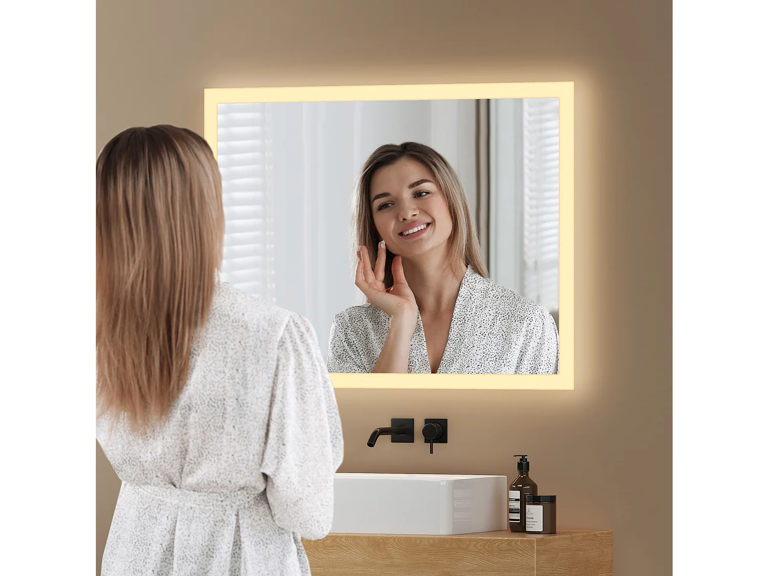 EMKE Specchio LED da Bagno 60 x 100 cm, Specchio LED Rettangolare, Illuminazione 3000 K