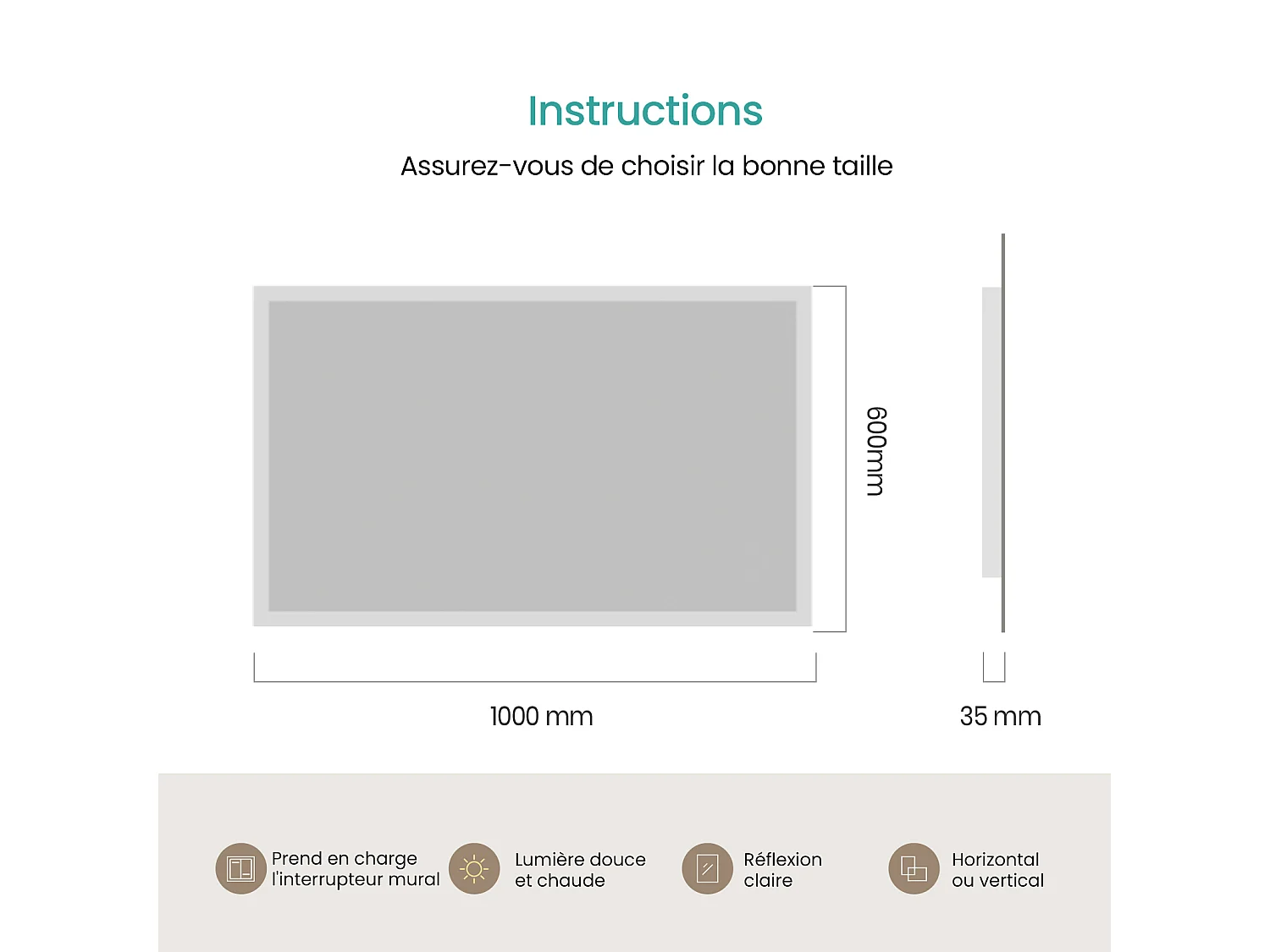 EMKE Specchio LED da Bagno 60 x 100 cm, Specchio LED Rettangolare, Illuminazione 3000 K
