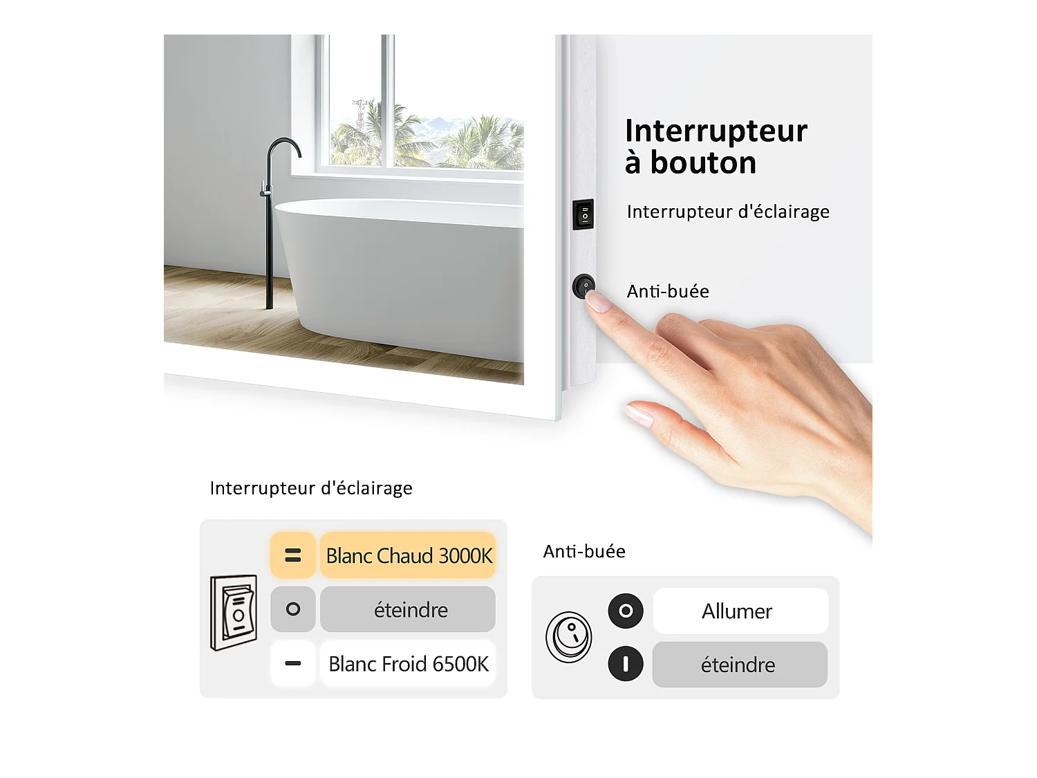 EMKE Verlicht badkamer spiegel 120x60cm, LED spiegel met knop, Anti-condens, Spiegel met verlichting koud/warm wit licht