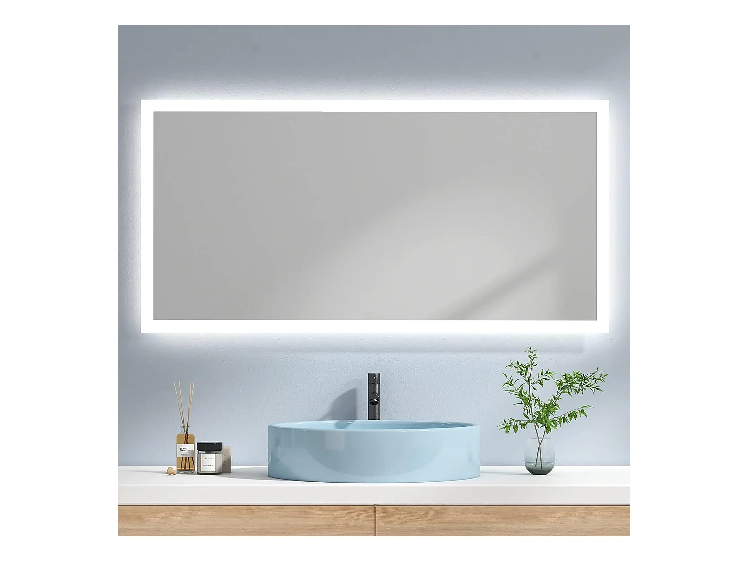 EMKE Miroir lumineux salle de bain 120x60cm, Miroir LED avec Interrupteur à bouton, Anti-buée, Miroir avec éclairage lumière Blanche Froide/Chaude