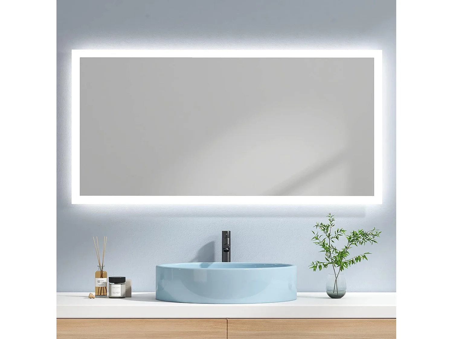 EMKE Miroir lumineux salle de bain 120x60cm, Miroir LED avec Interrupteur à bouton, Anti-buée, Miroir avec éclairage lumière Blanche Froide/Chaude