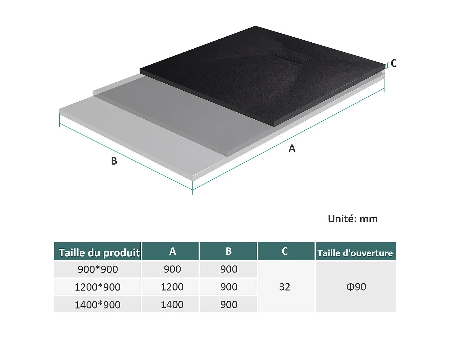 EMKE Douchebak plat antislip SMC douchebak om in te korten, 120x90 cm | Zwart