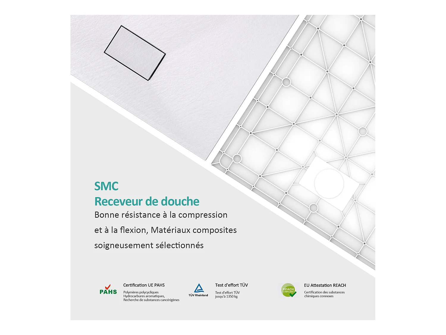 EMKE Douchebak plat antislip SMC douchebak om in te korten, 90x90 cm | Wit