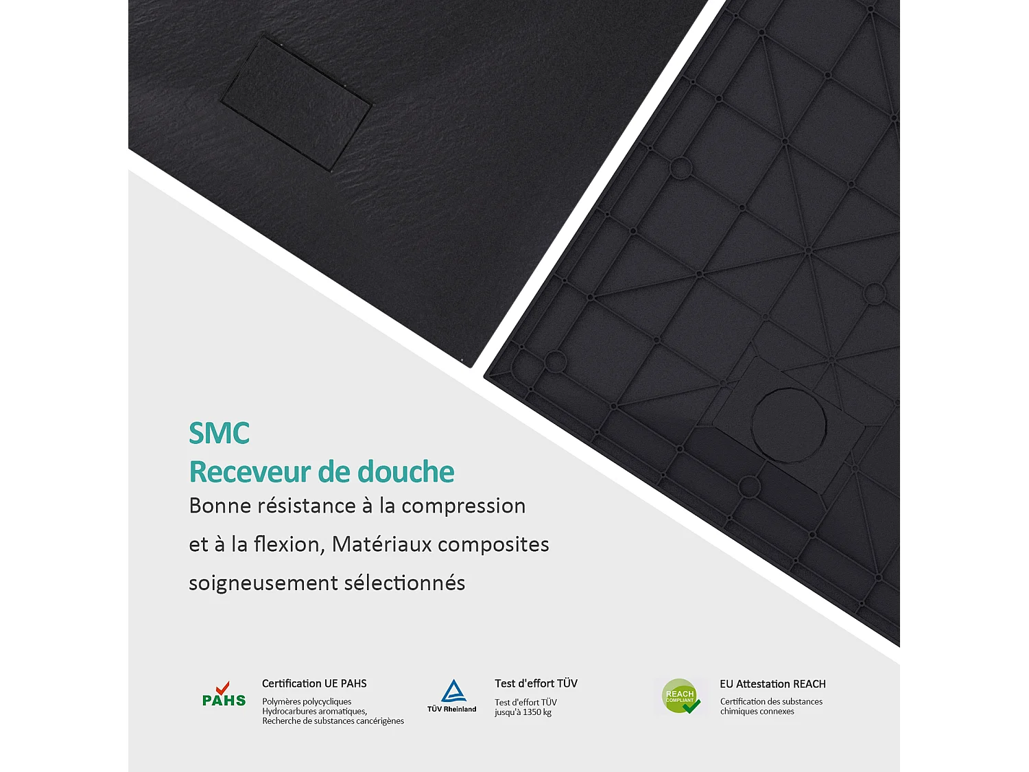 EMKE Receveur de douche receveur de douche plat antidérapant SMC receveur de douche à découper, 140x90cm | Noire