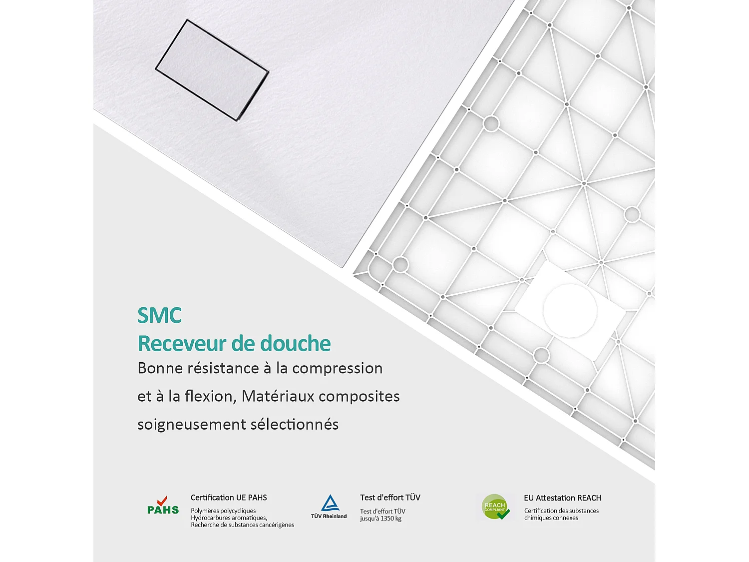 EMKE Receveur de douche receveur de douche plat antidérapant SMC receveur de douche à découper, 140x90cm | Blanc