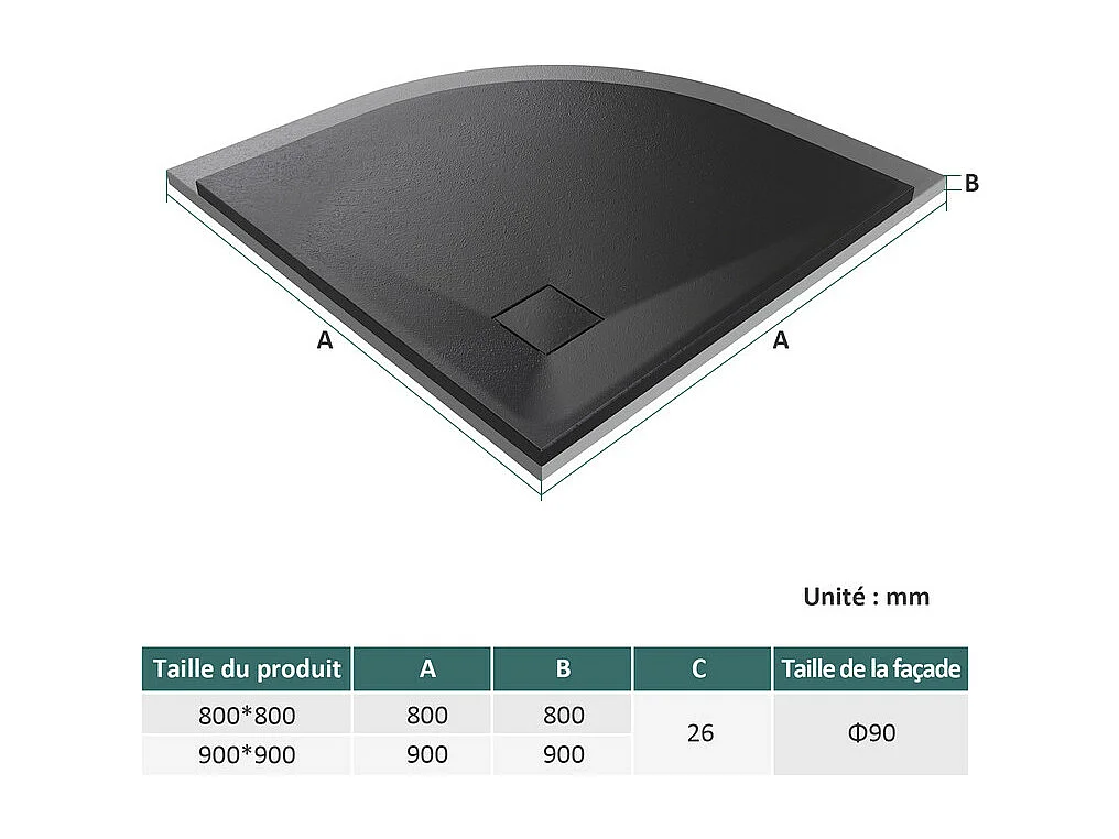 EMKE Piatto doccia semicircolare antiscivolo SMC, Nero 80 x 80 cm