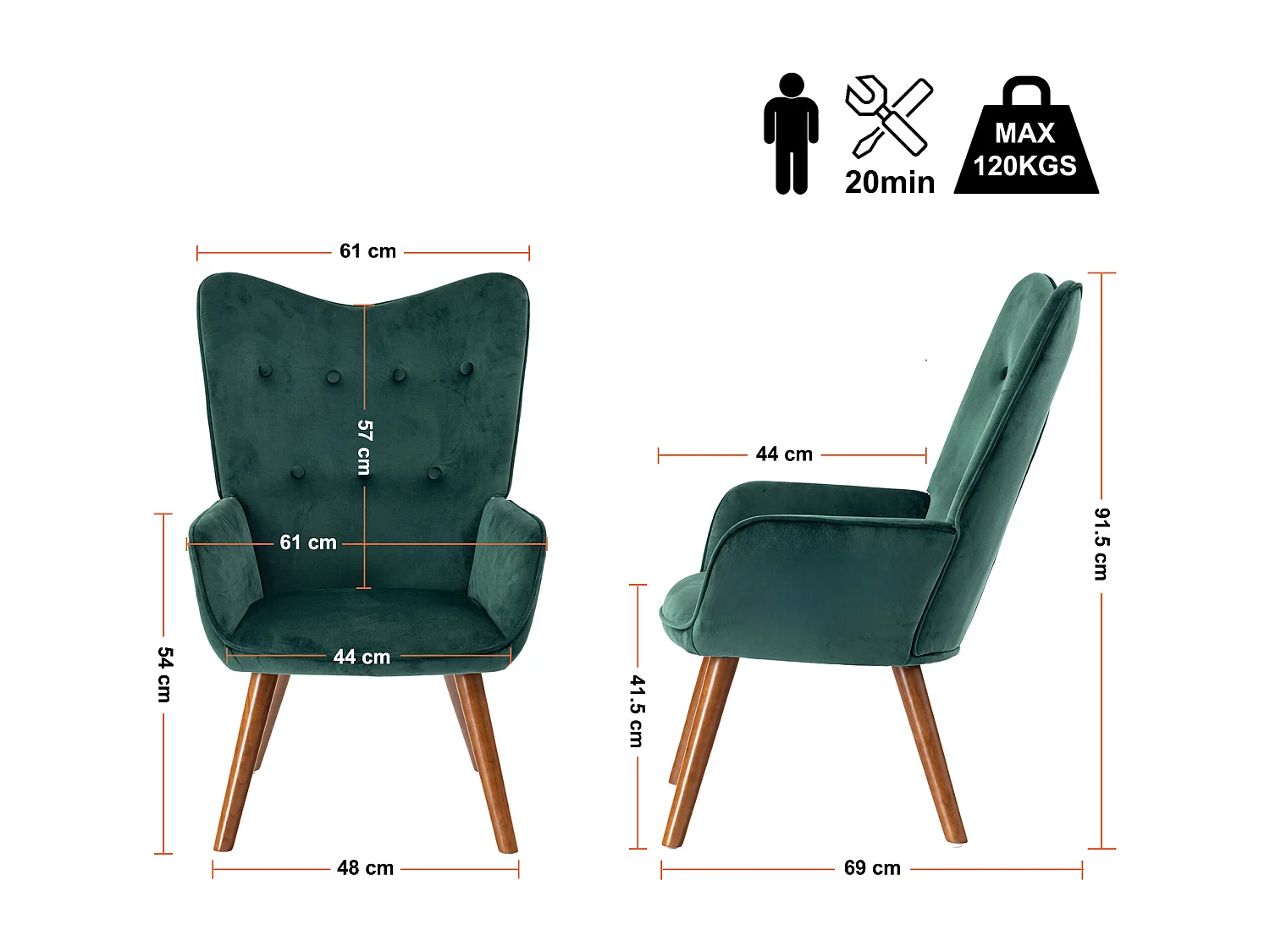 URBAN MEUBLE Fauteuil scandinave capitonné en velours vert KAS SMALL VELVET GREEN