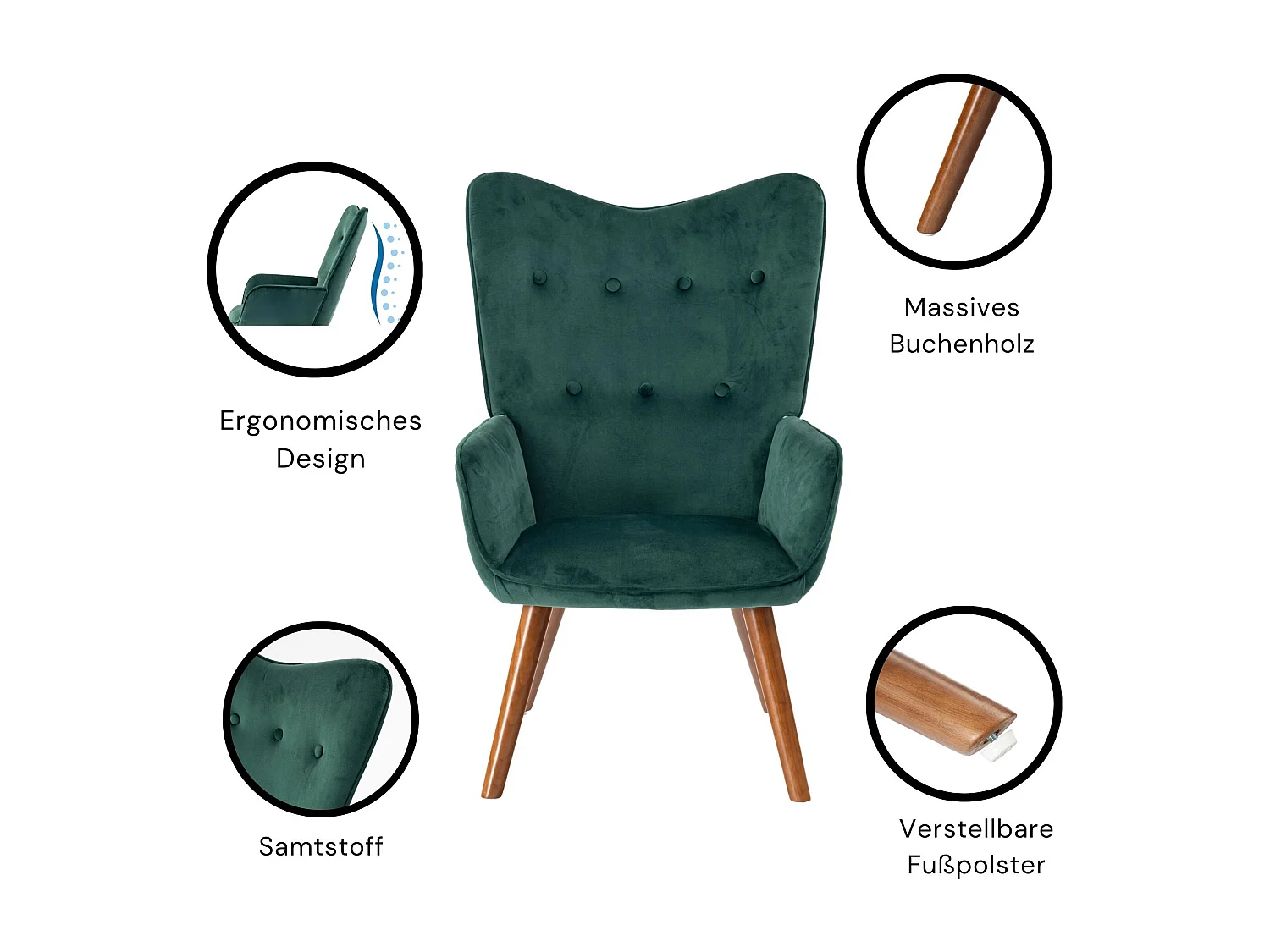 URBAN MEUBLE Fauteuil scandinave capitonné en velours vert