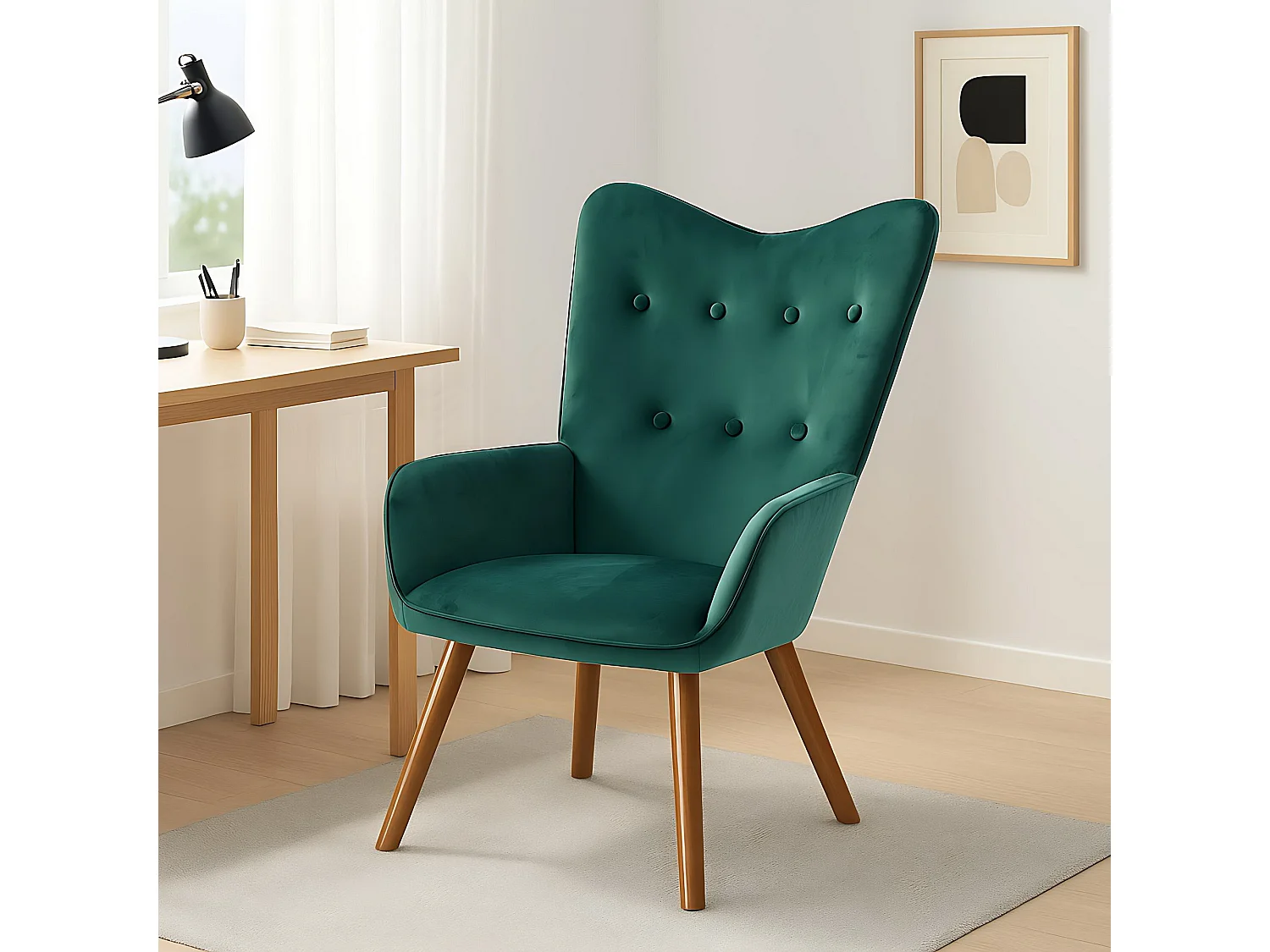 URBAN MEUBLE Fauteuil scandinave capitonné en velours vert