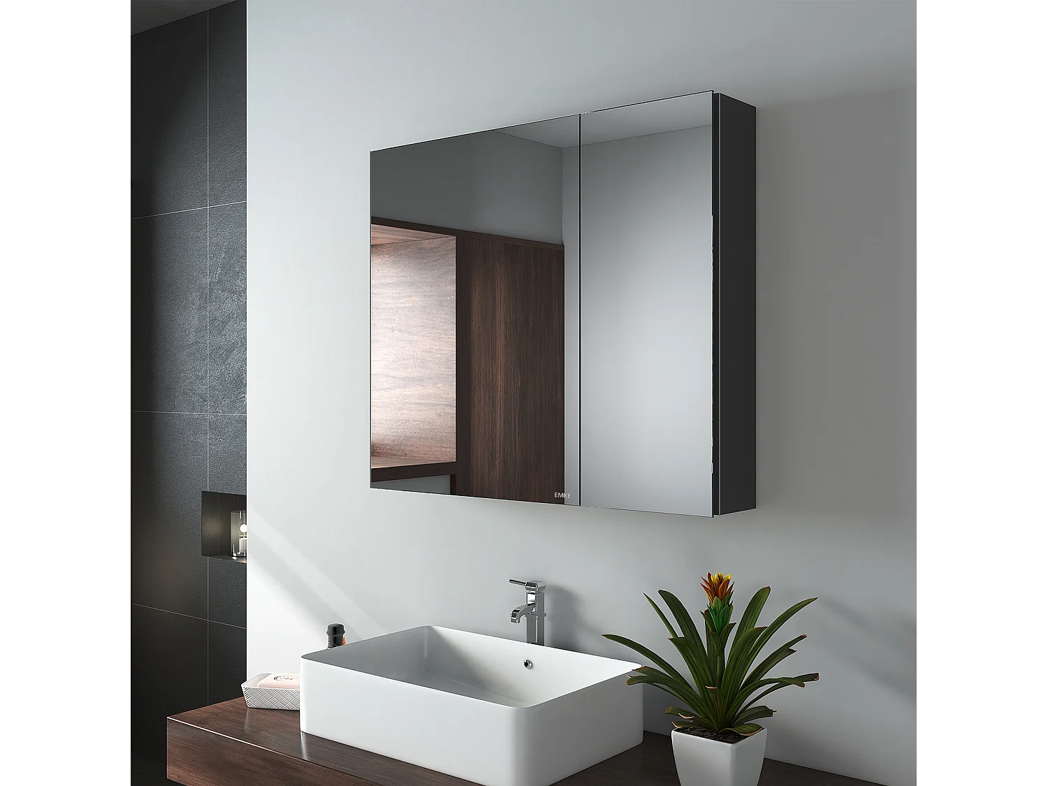 EMKE Armoires de toilette 75x65cm Noir Armoire Salle de Bain en Miroir Double Face