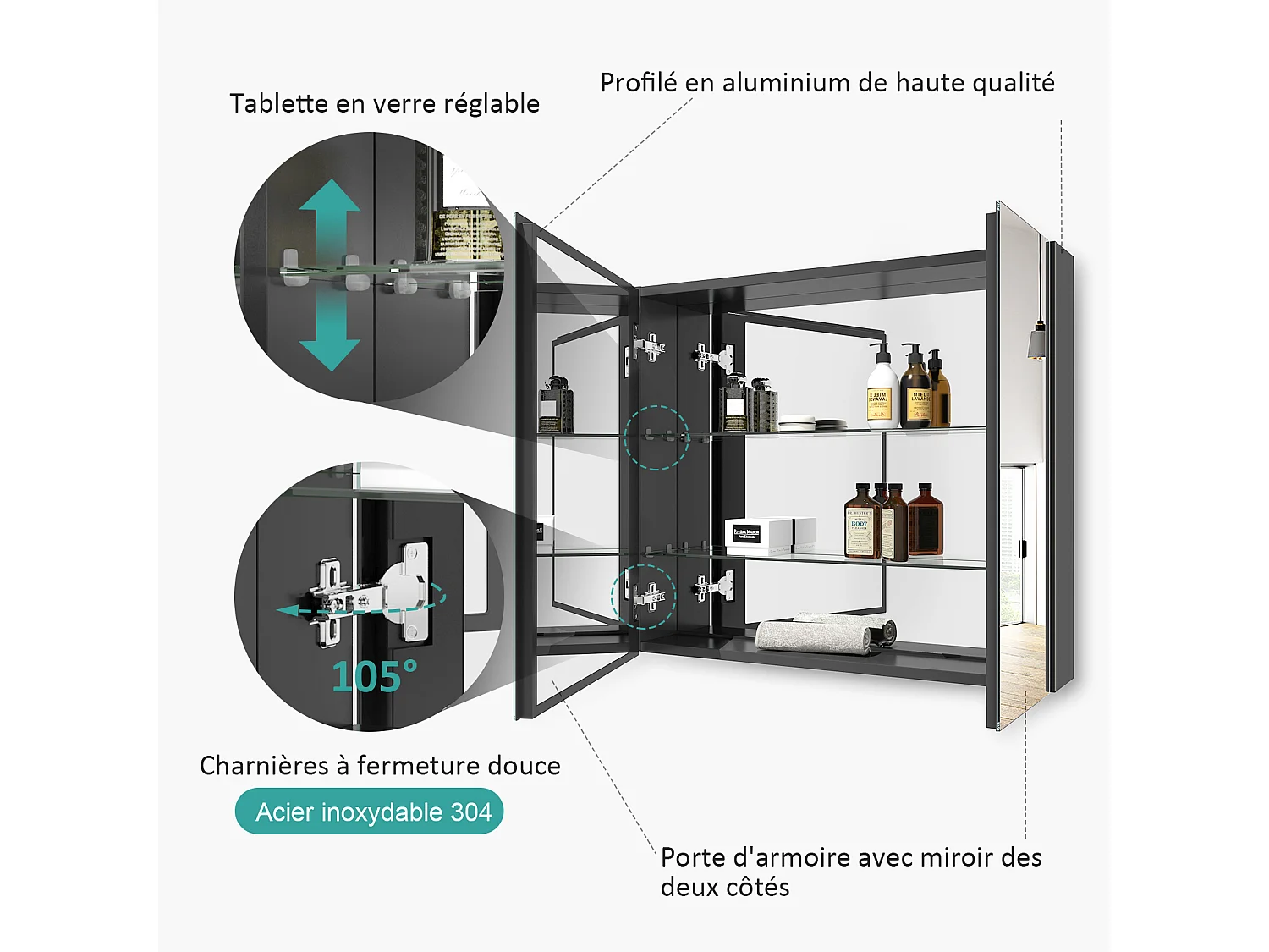 EMKE Armoires de toilette 75x65cm Noir Armoire Salle de Bain en Miroir Double Face