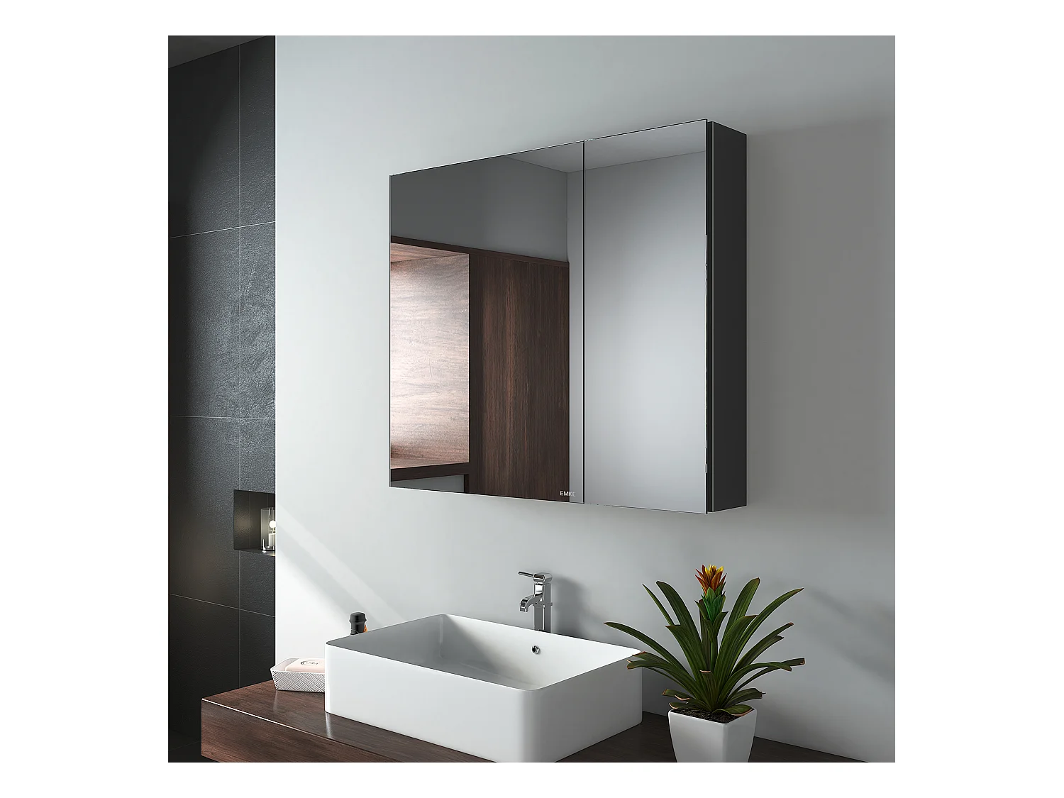 EMKE Armoires de toilette 75x65cm Noir Armoire Salle de Bain en Miroir Double Face