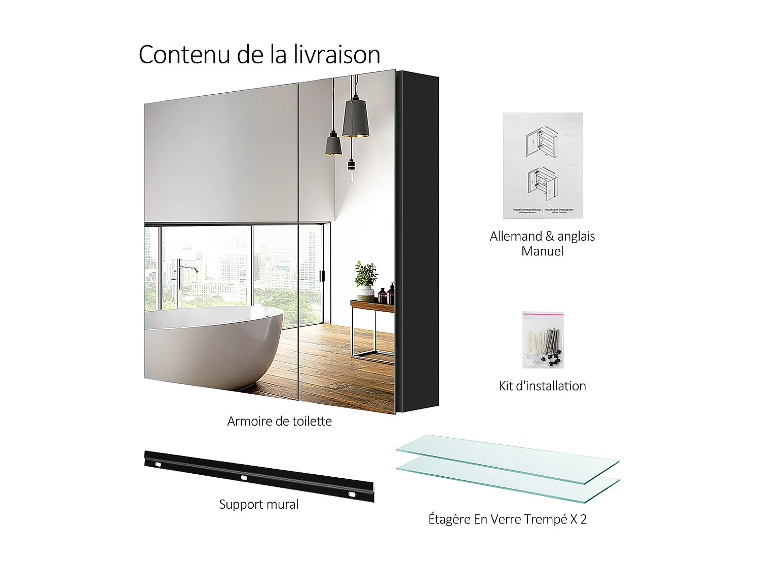 EMKE Armadietti a specchio 75x65cm Nero Armadietto da bagno con specchio bifacciale