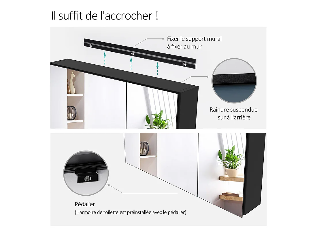 EMKE Spiegelschrank 75 x 65 cm, Schwarz, Badezimmerschrank mit Spiegel auf beiden Seiten