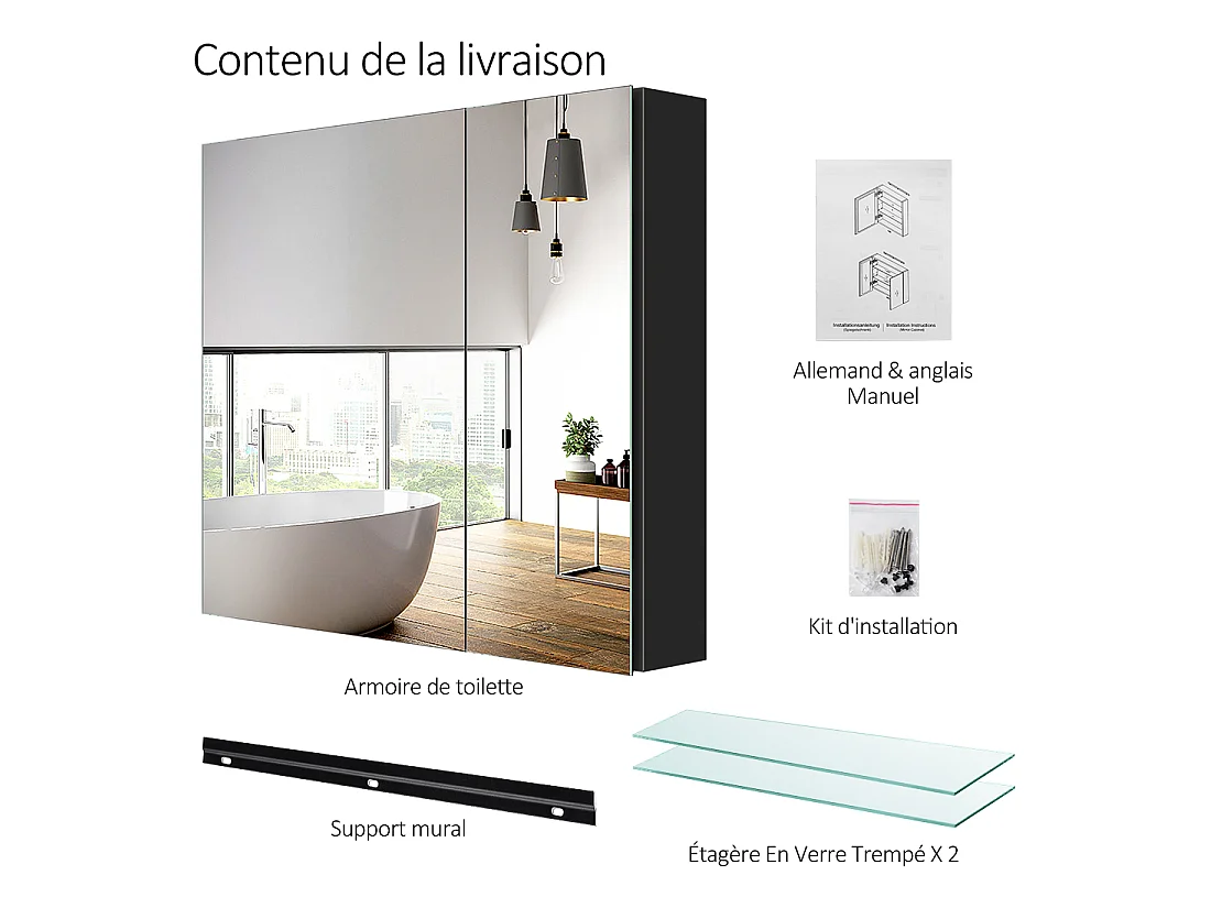 EMKE Spiegelschrank 75 x 65 cm, Schwarz, Badezimmerschrank mit Spiegel auf beiden Seiten