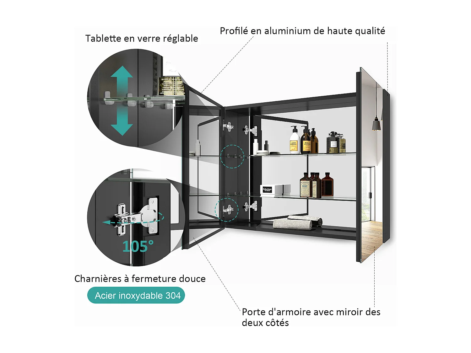 EMKE Armoires de toilette 85x65cm Noir Armoire Salle de Bain en Miroir Double Face