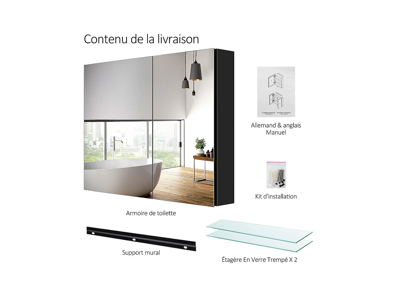 EMKE Armoires de toilette 85x65cm Noir Armoire Salle de Bain en Miroir Double Face