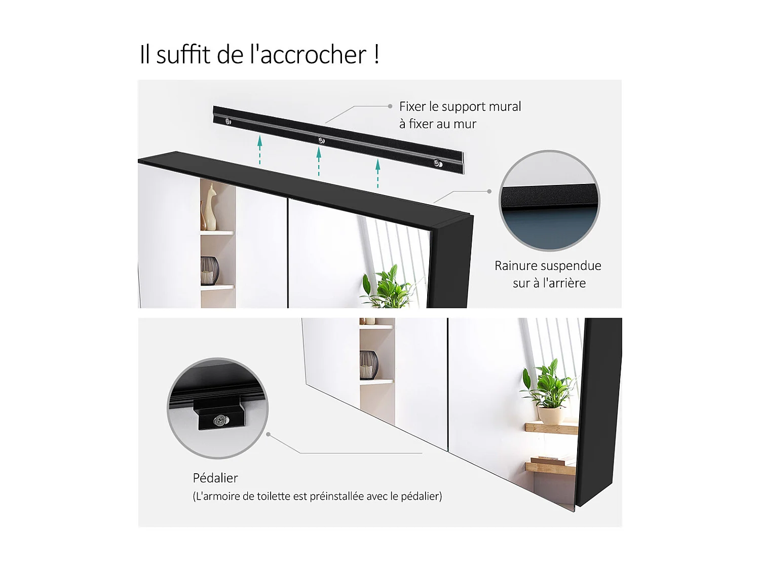 EMKE Armadietti a specchio 85x65cm Nero Armadietto da bagno con specchio bifacciale