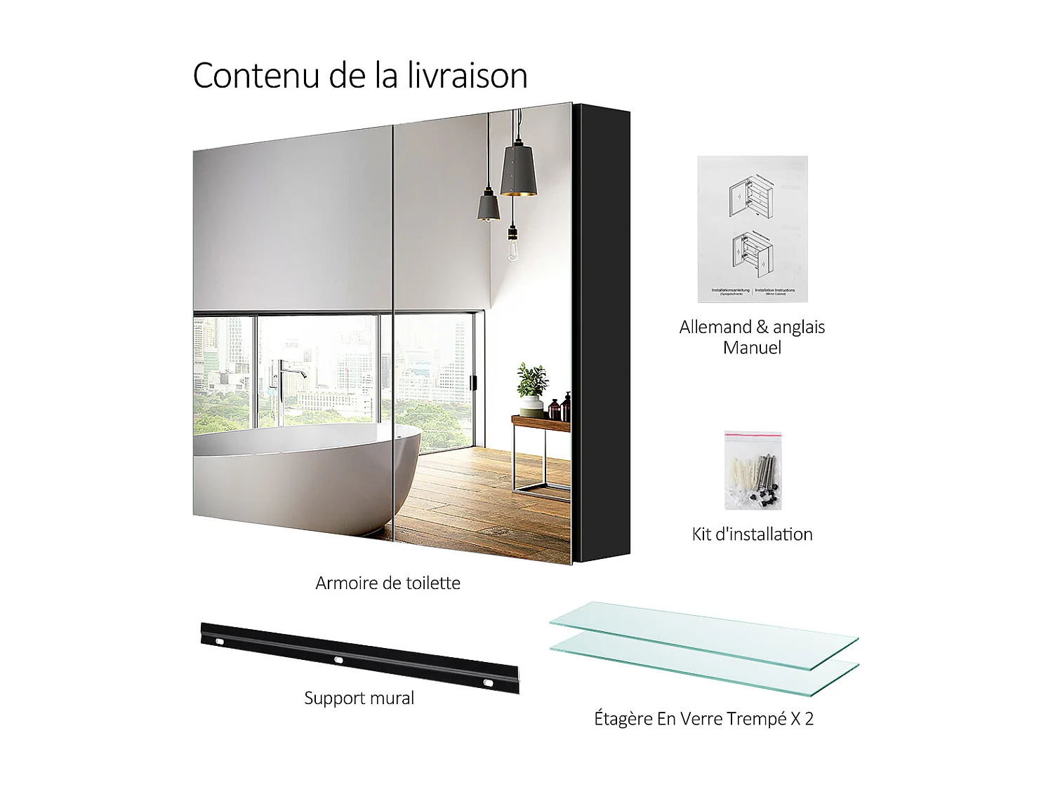 EMKE Armadietti a specchio 85x65cm Nero Armadietto da bagno con specchio bifacciale