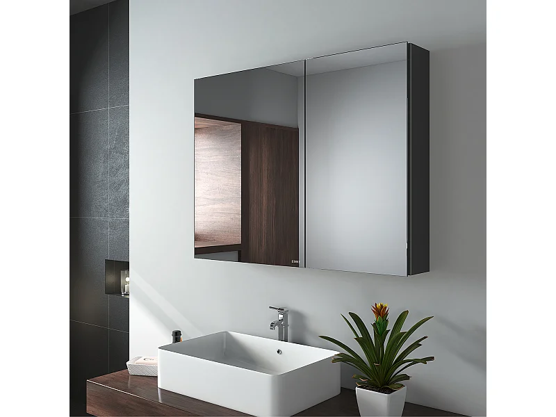 EMKE Armoires de toilette 85x65cm Noir Armoire Salle de Bain en Miroir Double Face