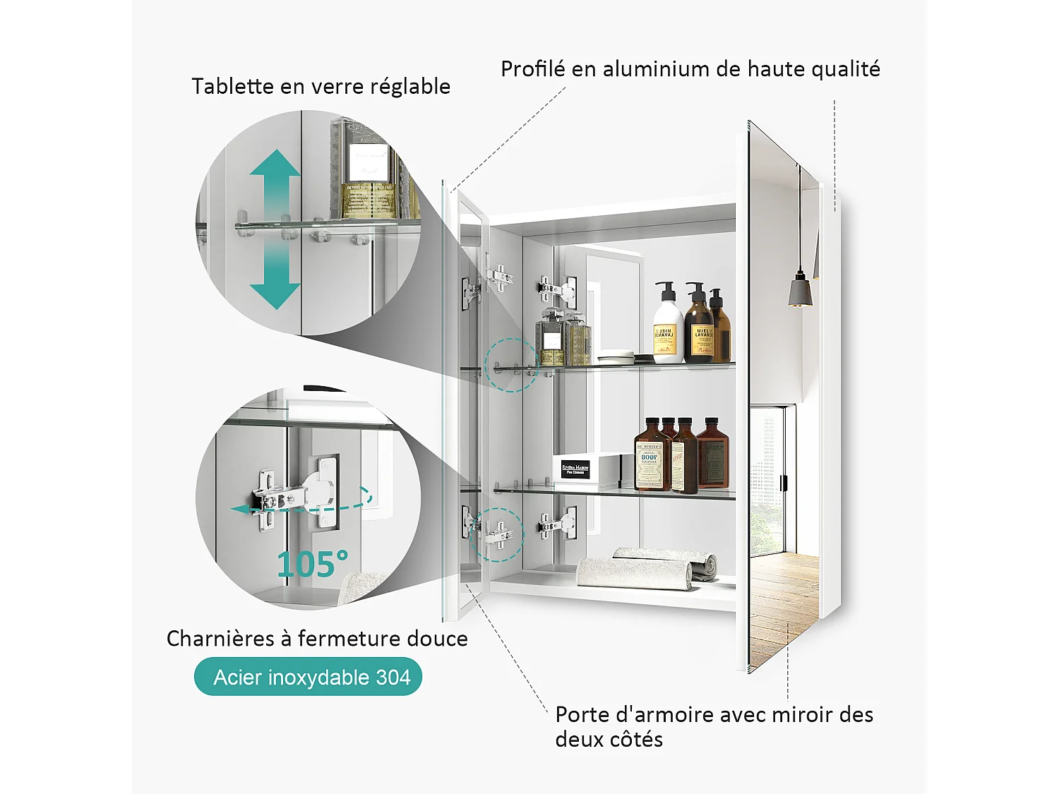 EMKE Armoires de toilette 60x65cm Blanche Armoire Salle de Bain en Miroir Double Face