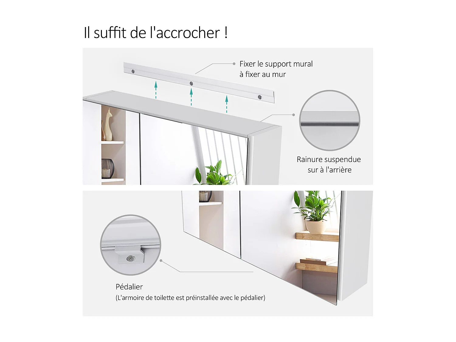 EMKE Armoires de toilette 60x65cm Blanche Armoire Salle de Bain en Miroir Double Face