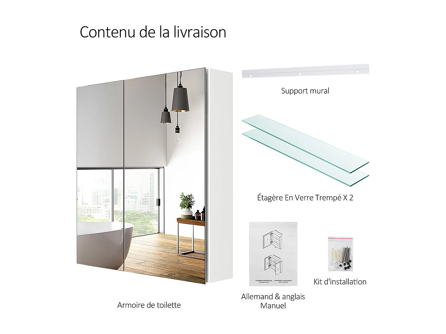 EMKE Armoires de toilette 60x65cm Blanche Armoire Salle de Bain en Miroir Double Face