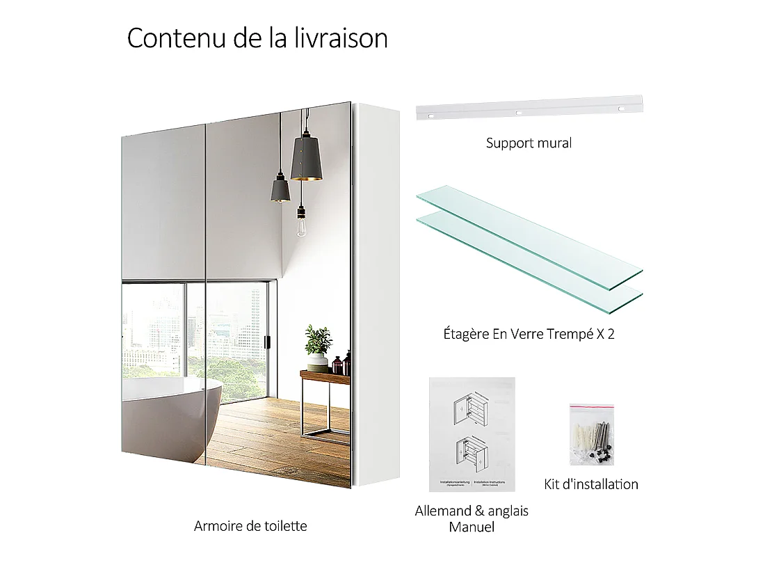 EMKE Armoires de toilette 60x65cm Blanche Armoire Salle de Bain en Miroir Double Face