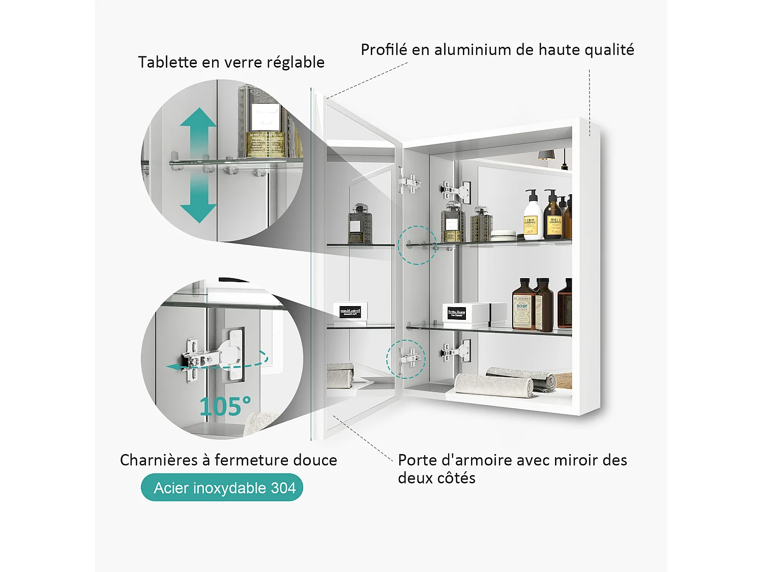 EMKE Armoires de toilette 50x65cm Blanche Armoire Salle de Bain en Miroir Double Face