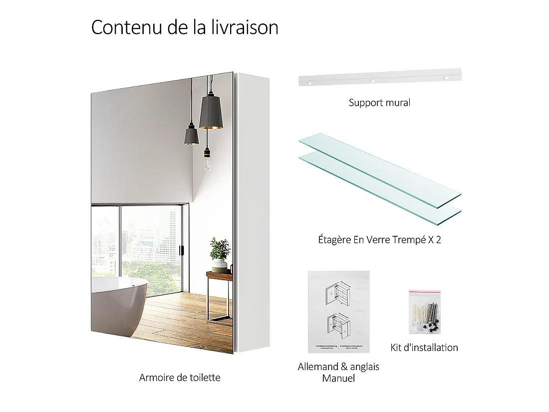 EMKE Armoires de toilette 50x65cm Blanche Armoire Salle de Bain en Miroir Double Face