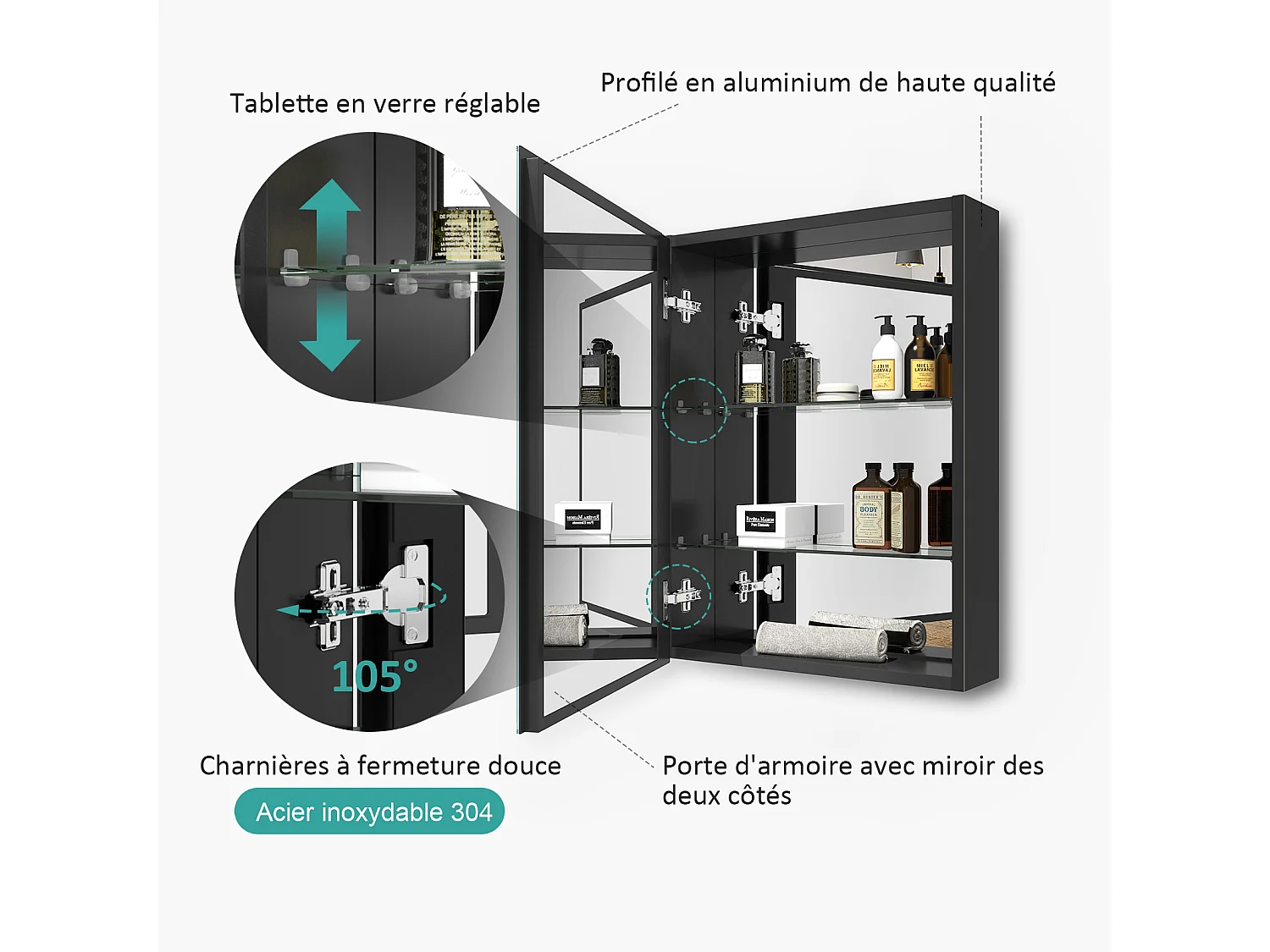 EMKE Armoires de toilette 50x65cm Noir Armoire Salle de Bain en Miroir Double Face