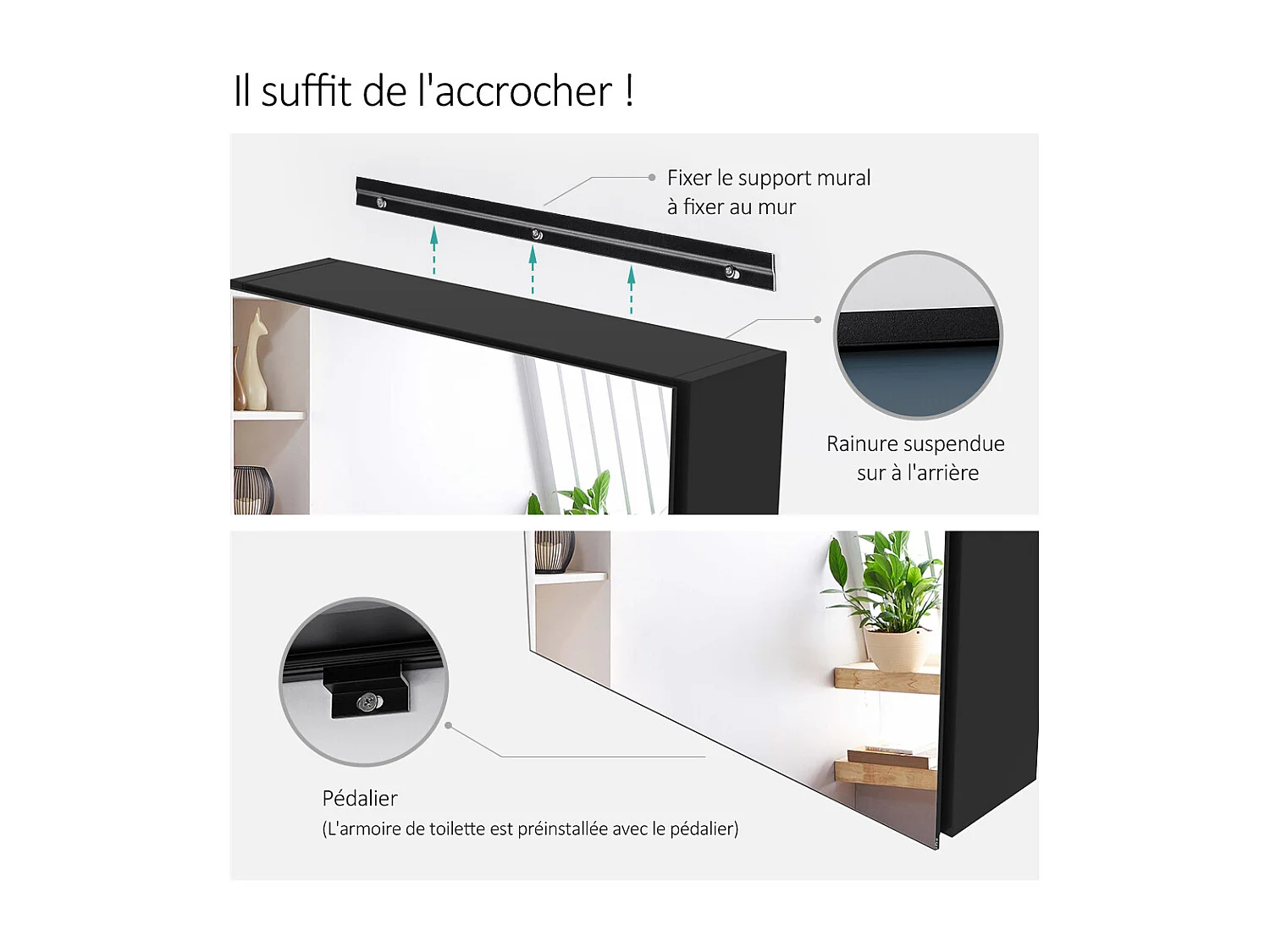 EMKE Armoires de toilette 50x65cm Noir Armoire Salle de Bain en Miroir Double Face