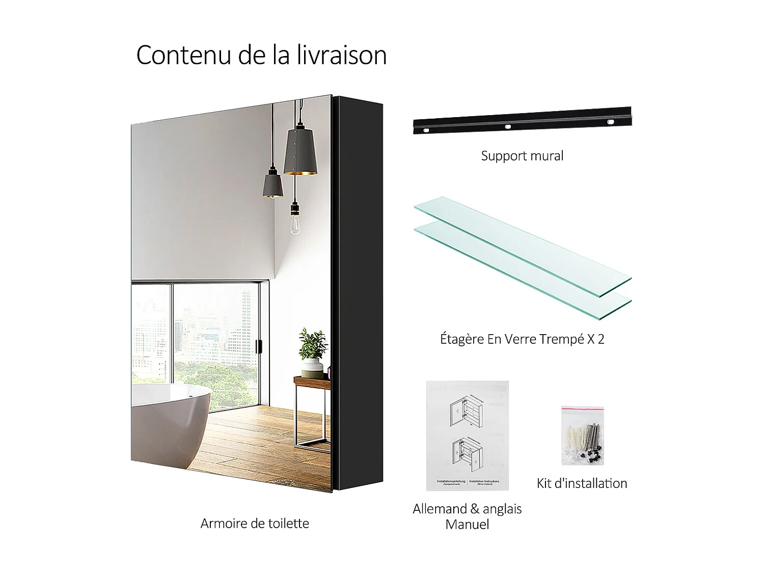 EMKE Armoires de toilette 50x65cm Noir Armoire Salle de Bain en Miroir Double Face