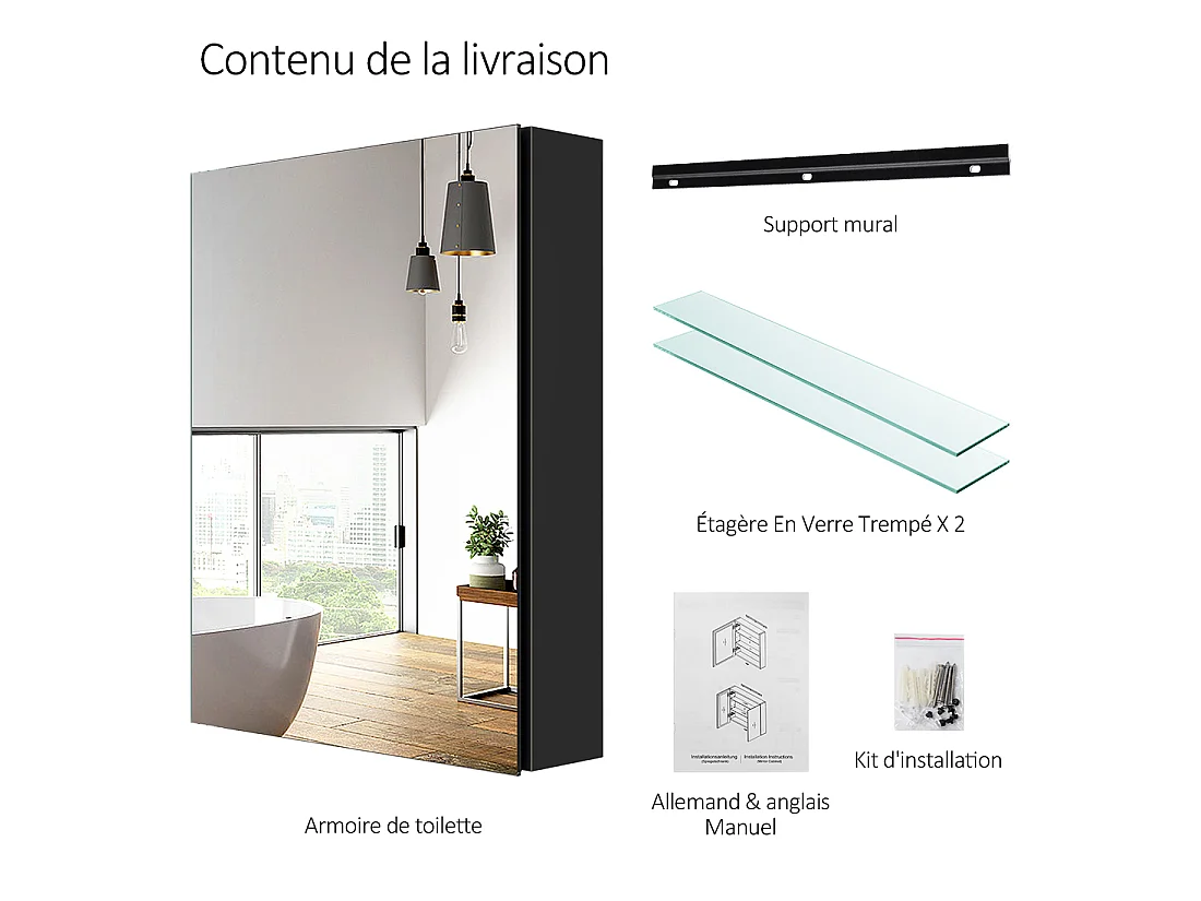 EMKE Armoires de toilette 50x65cm Noir Armoire Salle de Bain en Miroir Double Face