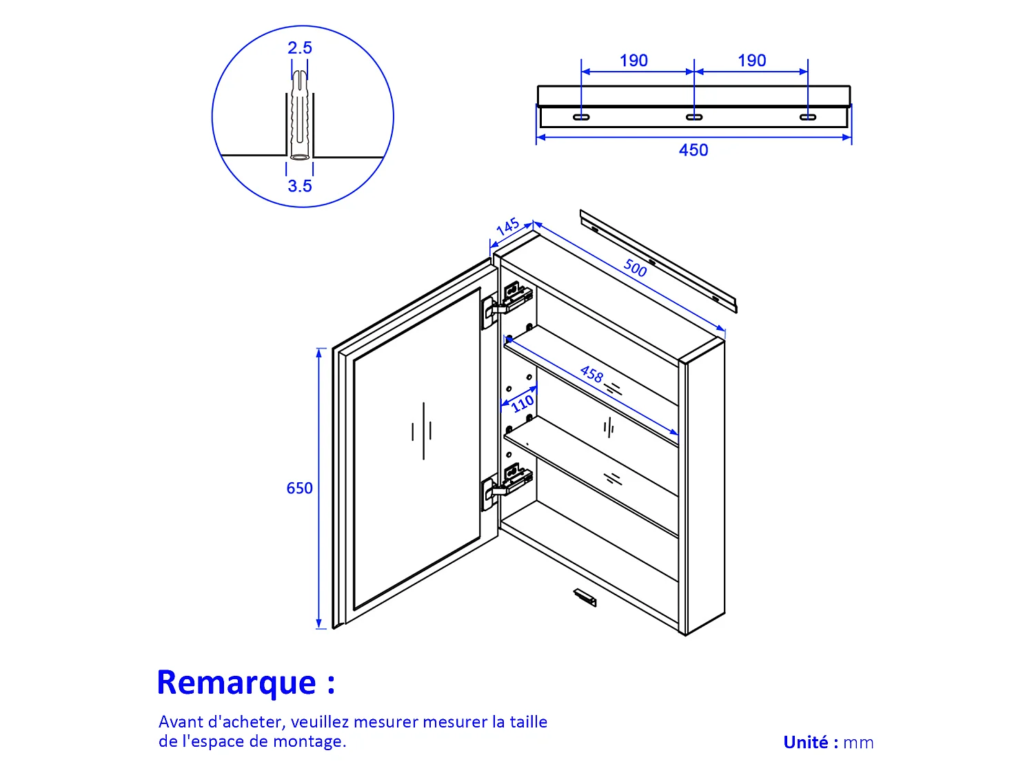 EMKE Armoires de toilette 50x65cm Noir Armoire Salle de Bain en Miroir Double Face